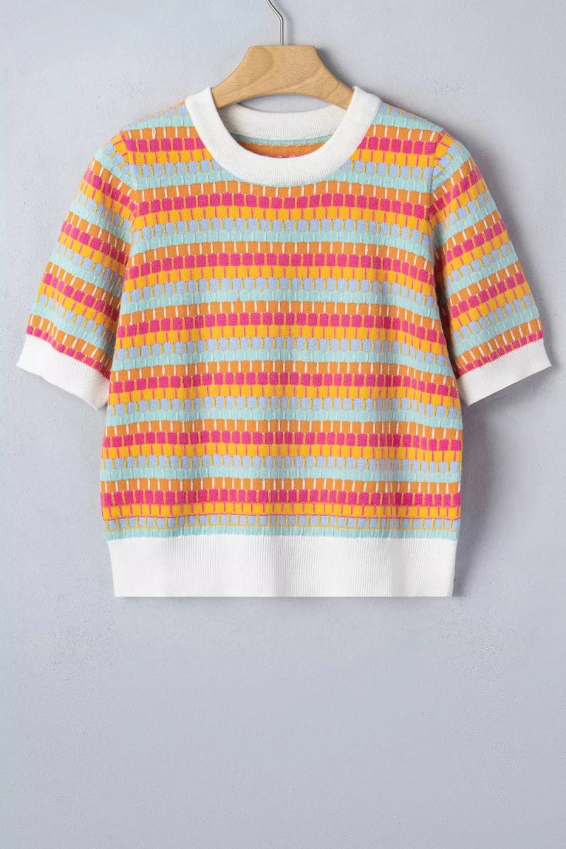 Abstract Striped Knit Short Sleeve Sweater - Brick + Boho