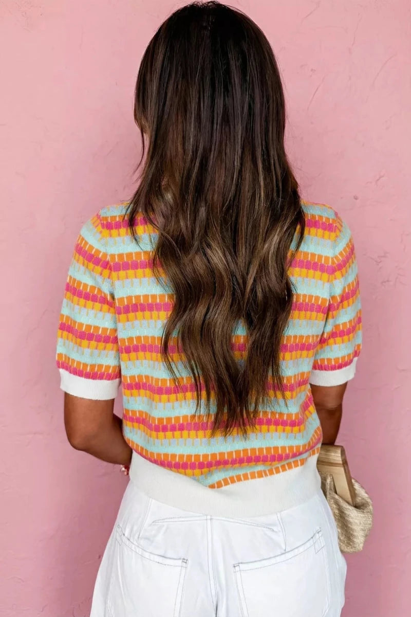 Abstract Striped Knit Short Sleeve Sweater - Brick + Boho
