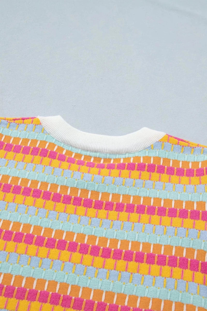 Abstract Striped Knit Short Sleeve Sweater - Brick + Boho