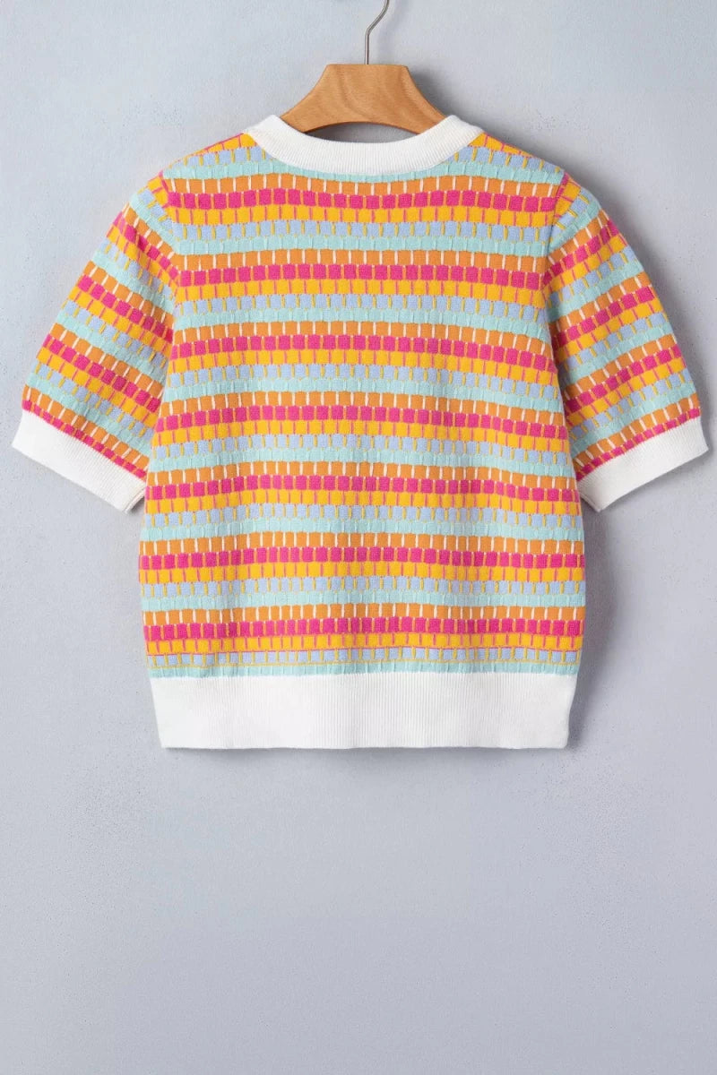 Abstract Striped Knit Short Sleeve Sweater - Brick + Boho