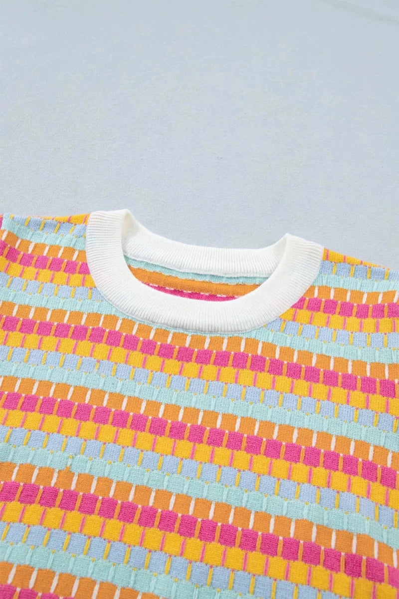 Abstract Striped Knit Short Sleeve Sweater - Brick + Boho
