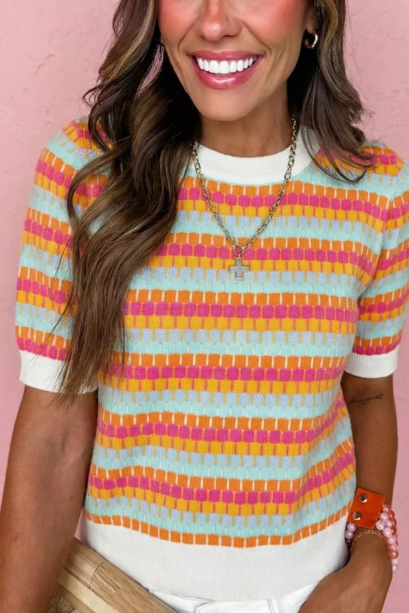 Abstract Striped Knit Short Sleeve Sweater - Brick + Boho