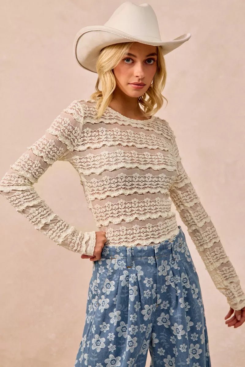 BiBi Ruffles Detail Flower Lace Top - Brick + Boho
