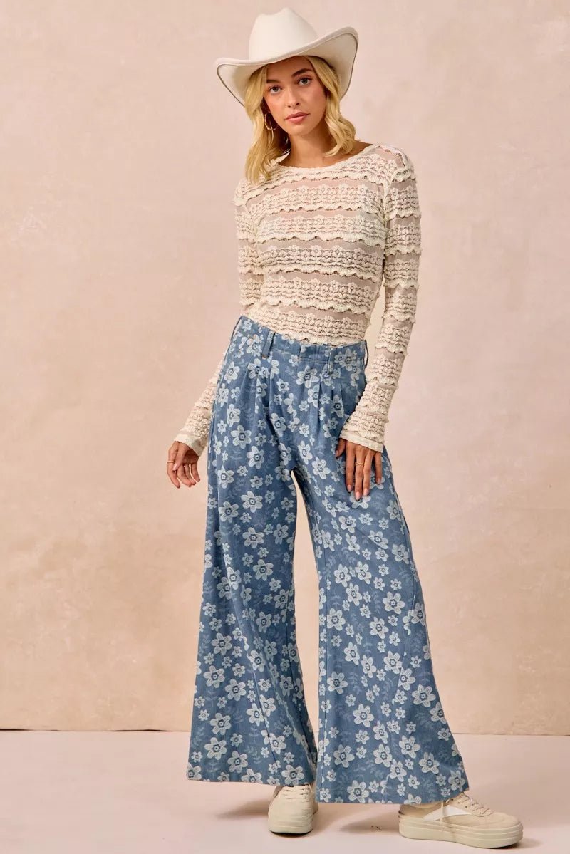 BiBi Ruffles Detail Flower Lace Top - Brick + Boho