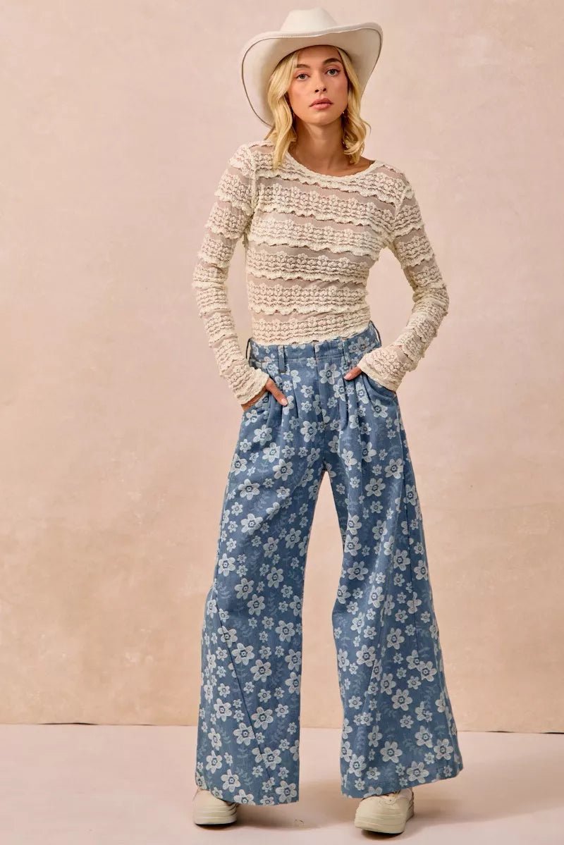 BiBi Ruffles Detail Flower Lace Top - Brick + Boho