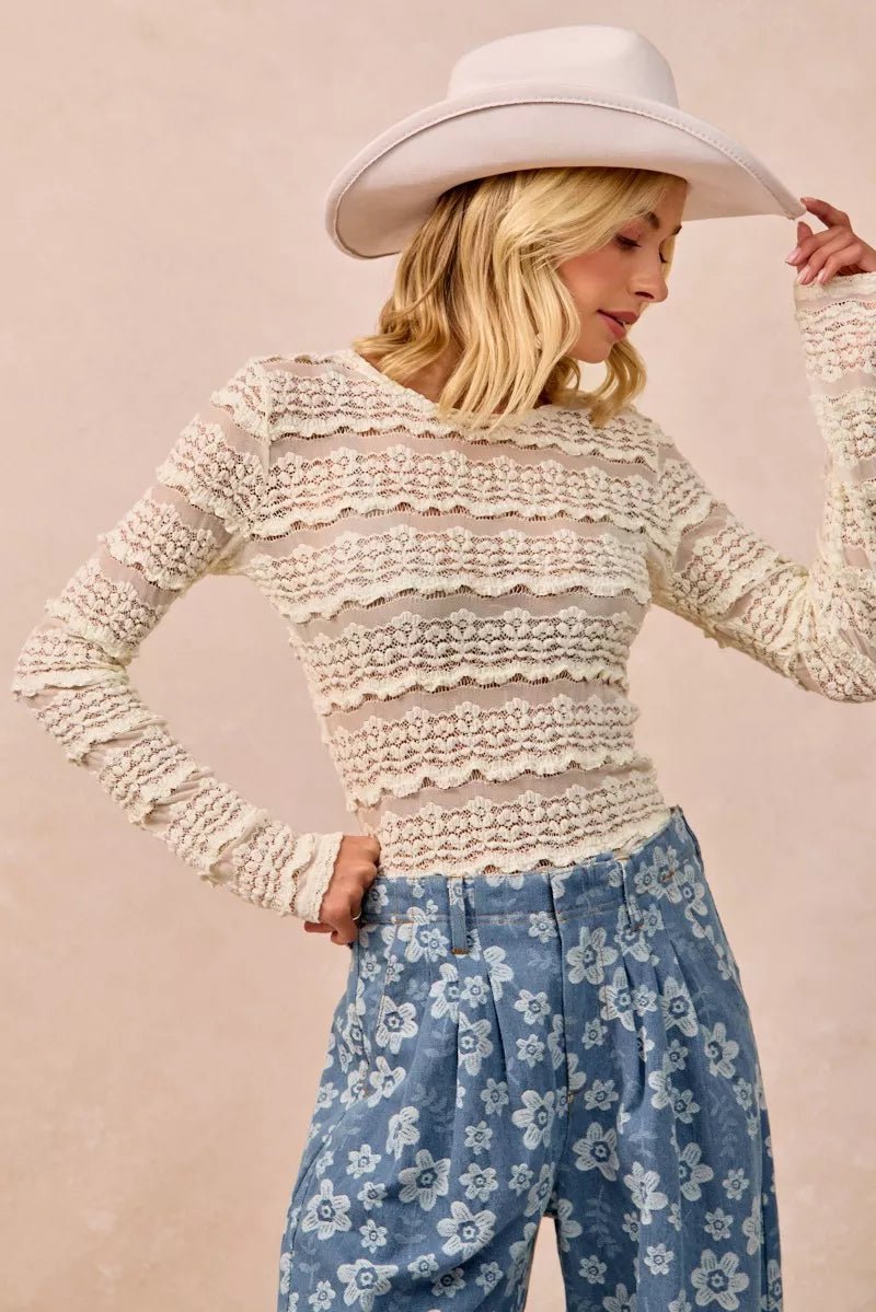 BiBi Ruffles Detail Flower Lace Top - Brick + Boho