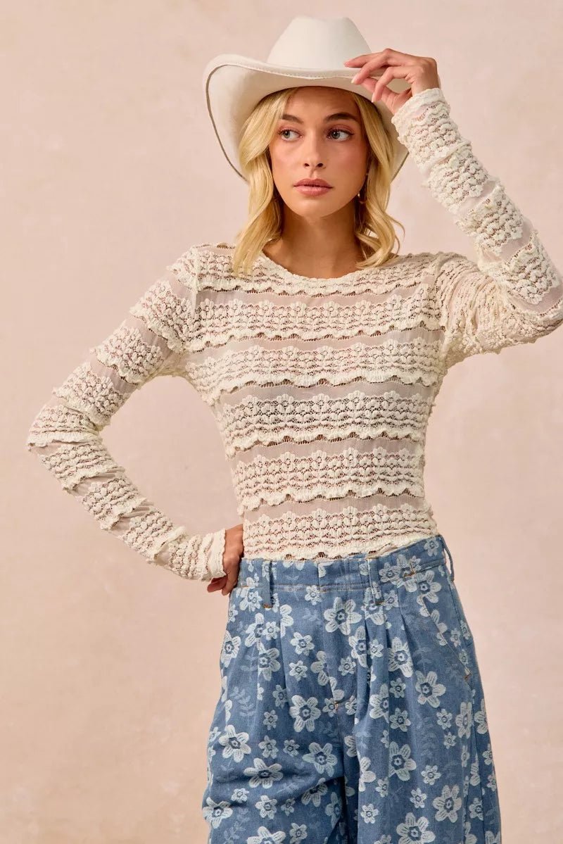 BiBi Ruffles Detail Flower Lace Top - Brick + Boho