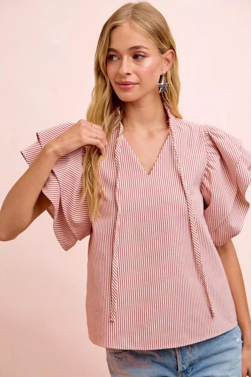 BiBi Twill Striped Ruffle Sleeve Blouse - Brick + Boho