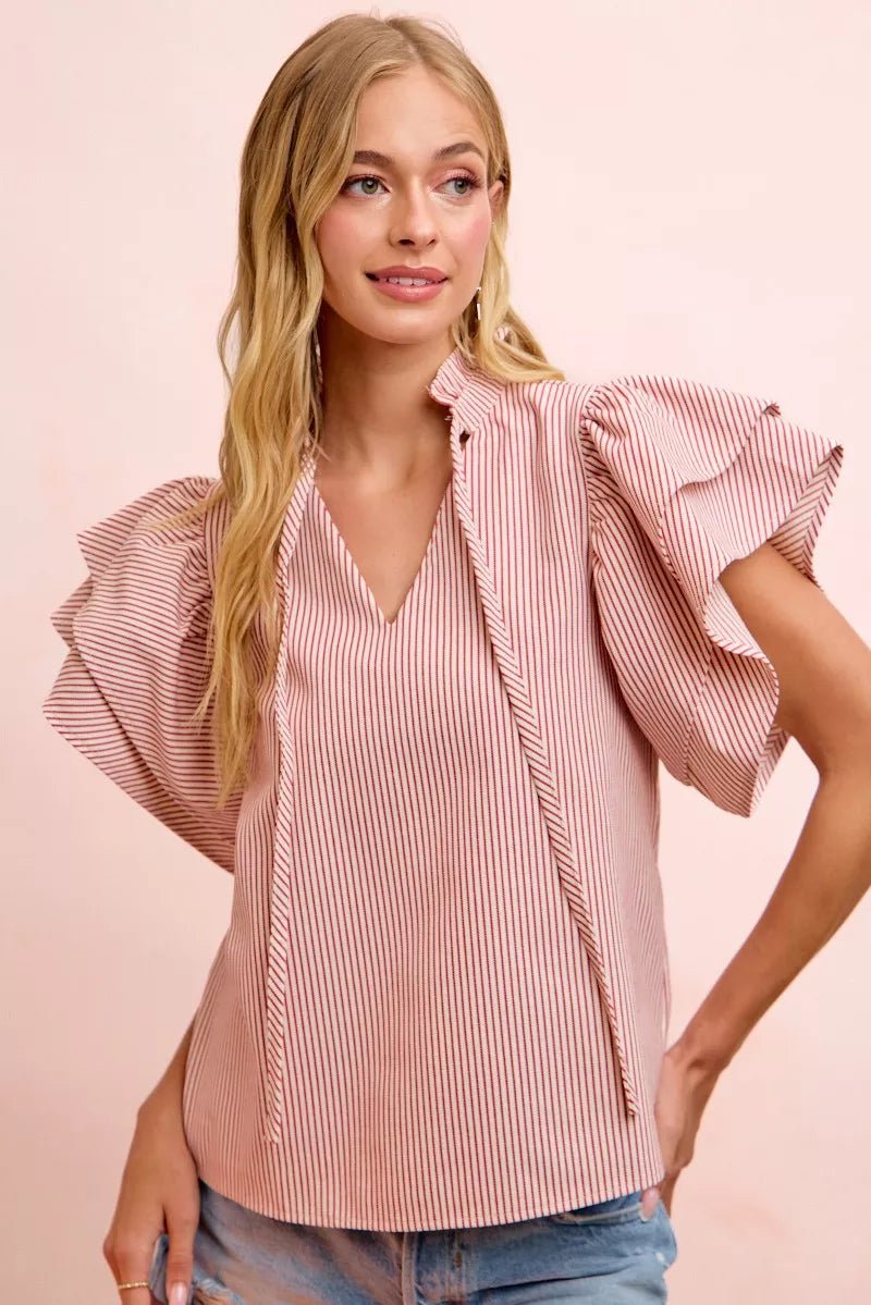 BiBi Twill Striped Ruffle Sleeve Blouse - Brick + Boho
