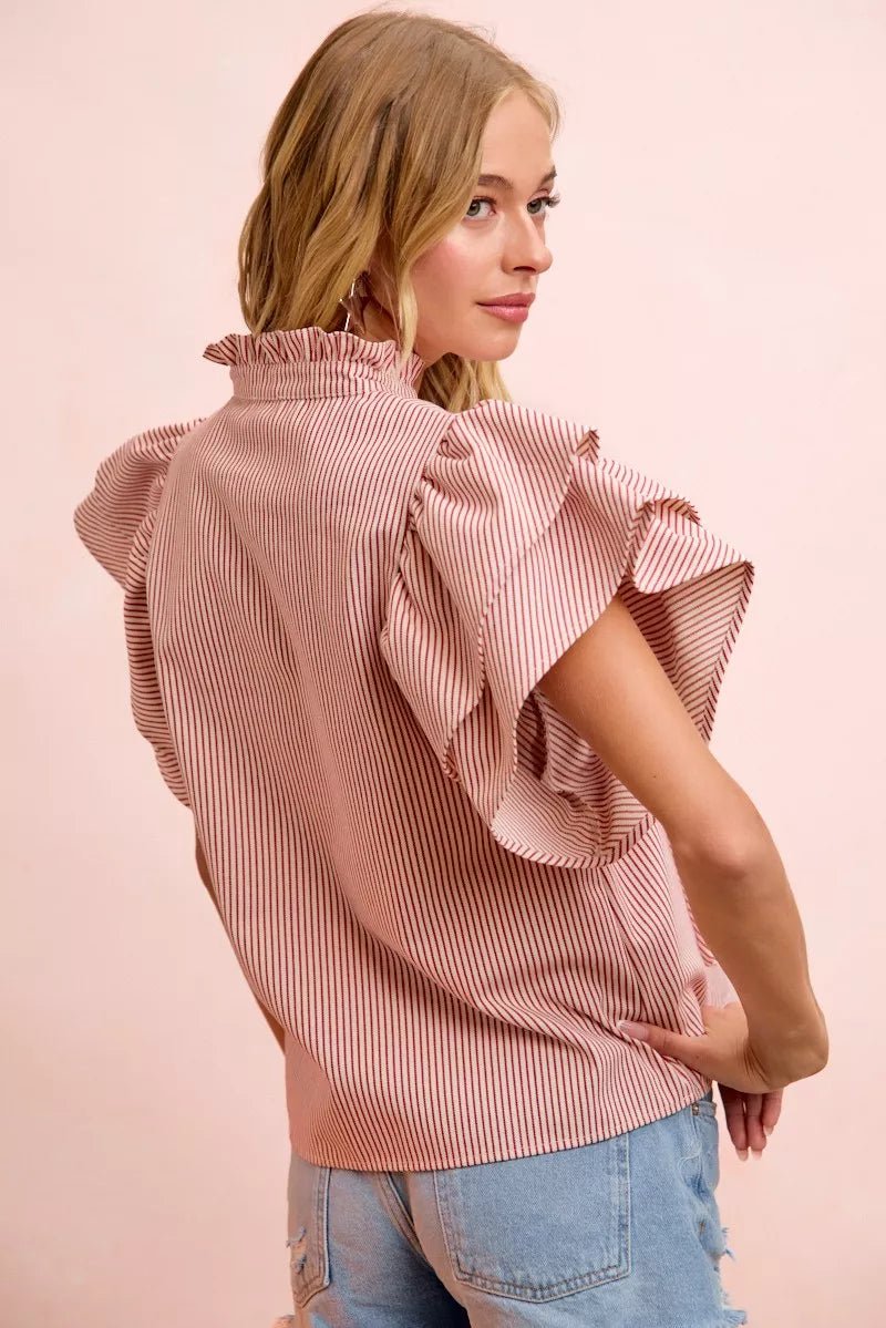 BiBi Twill Striped Ruffle Sleeve Blouse - Brick + Boho