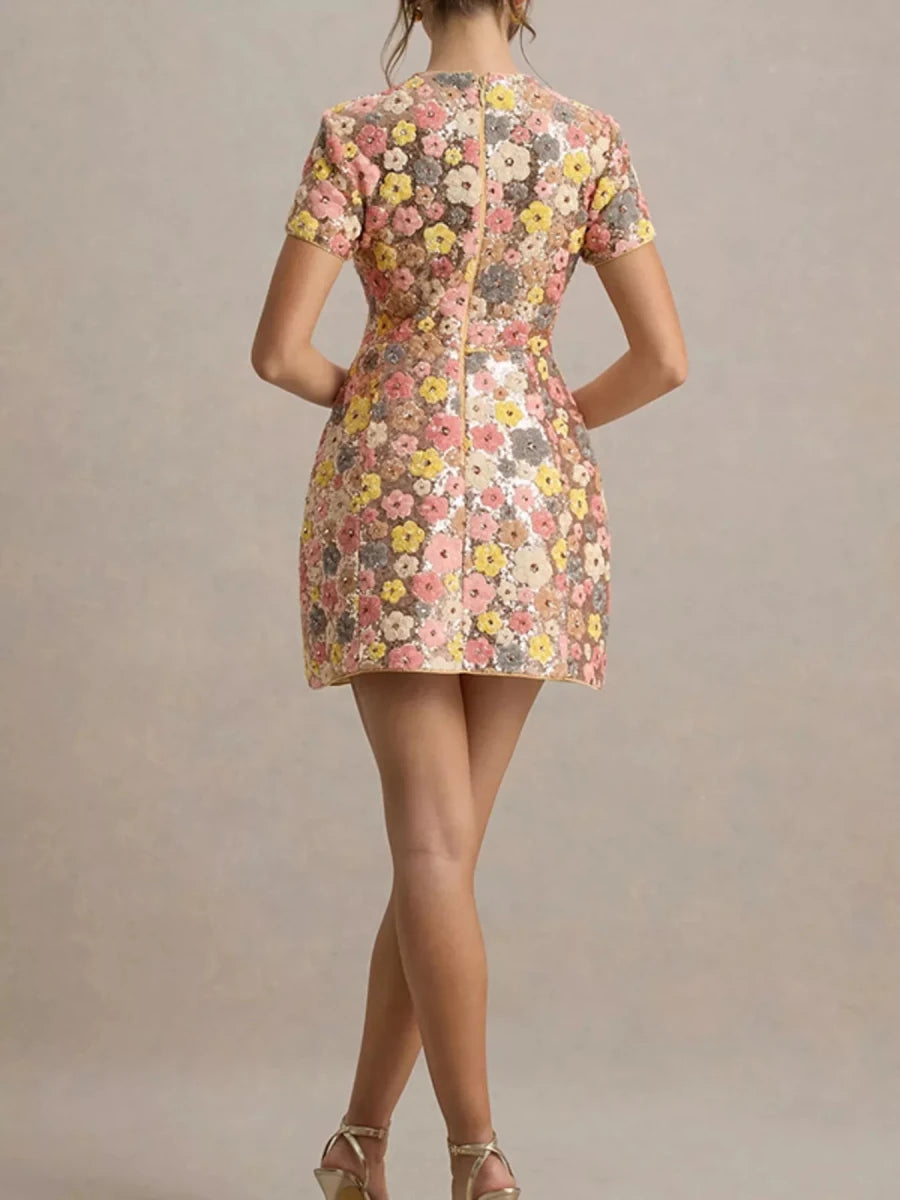 Bloom & Shimmer Mini Sequin Dress - Brick + Boho