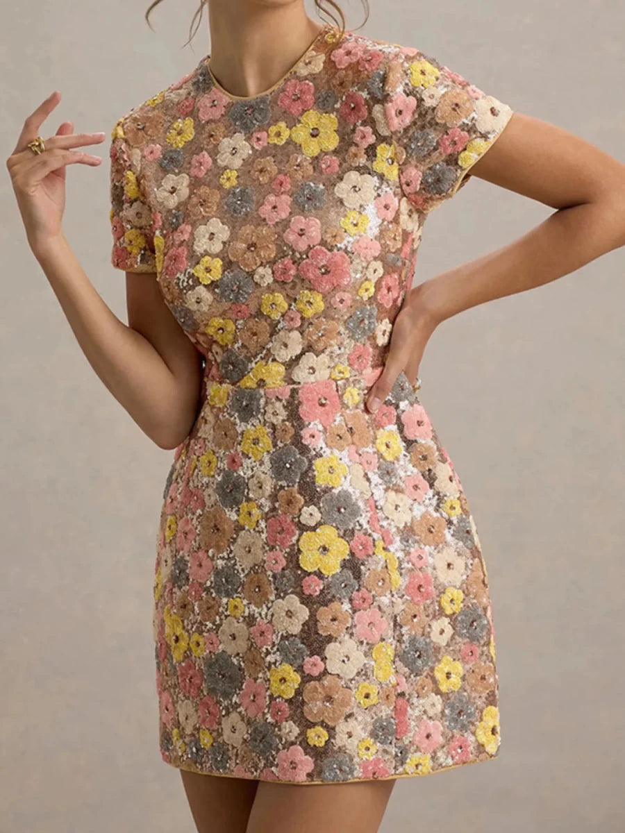 Bloom & Shimmer Mini Sequin Dress - Brick + Boho