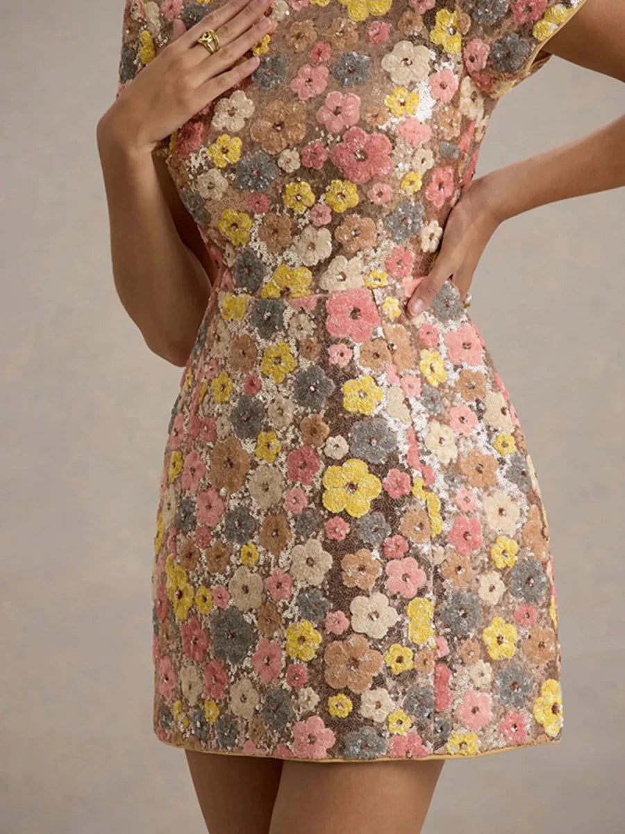 Bloom & Shimmer Mini Sequin Dress - Brick + Boho