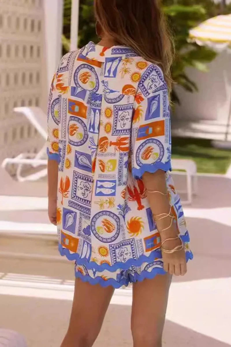 Bohemian Print Button Up Shirt and Shorts Set - Brick + Boho