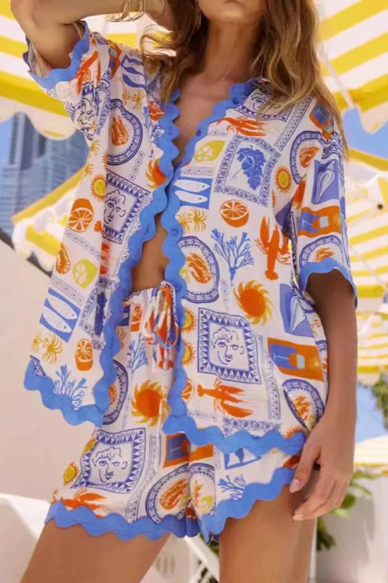 Bohemian Print Button Up Shirt and Shorts Set - Brick + Boho