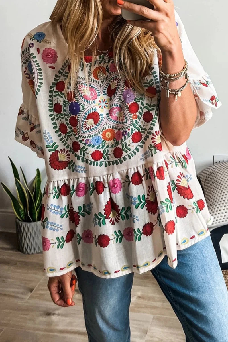 Calm Plunge Neck Blouse - Brick + Boho