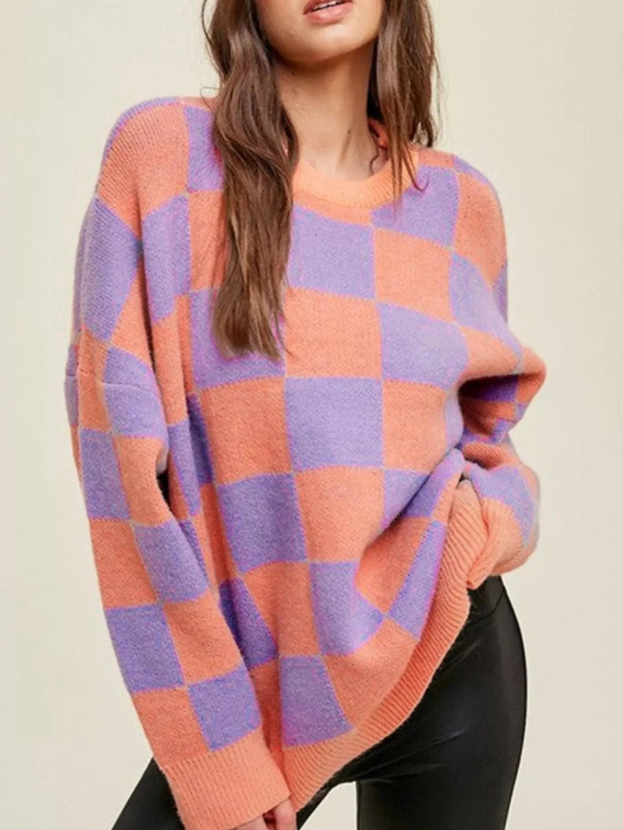 Checkerboard Chic Round Neck Sweater - Brick + Boho