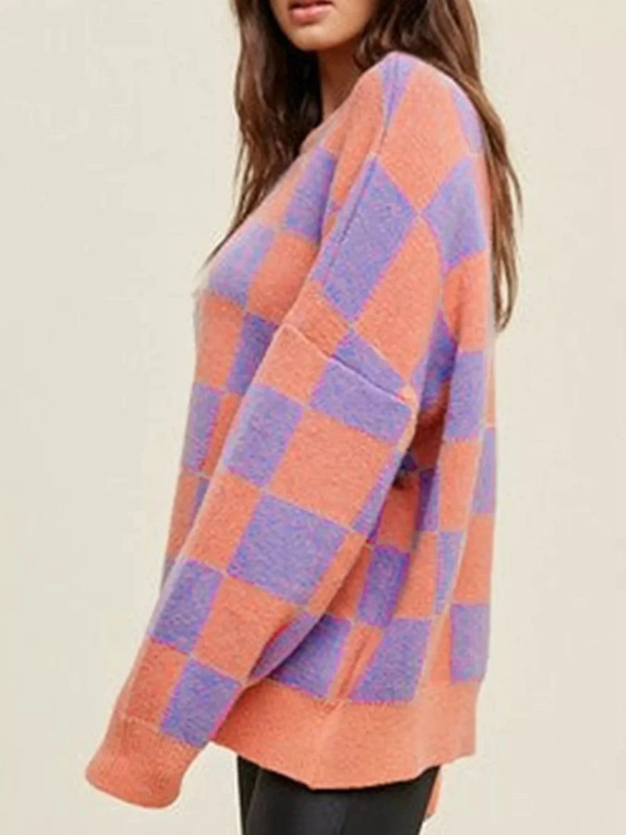 Checkerboard Chic Round Neck Sweater - Brick + Boho