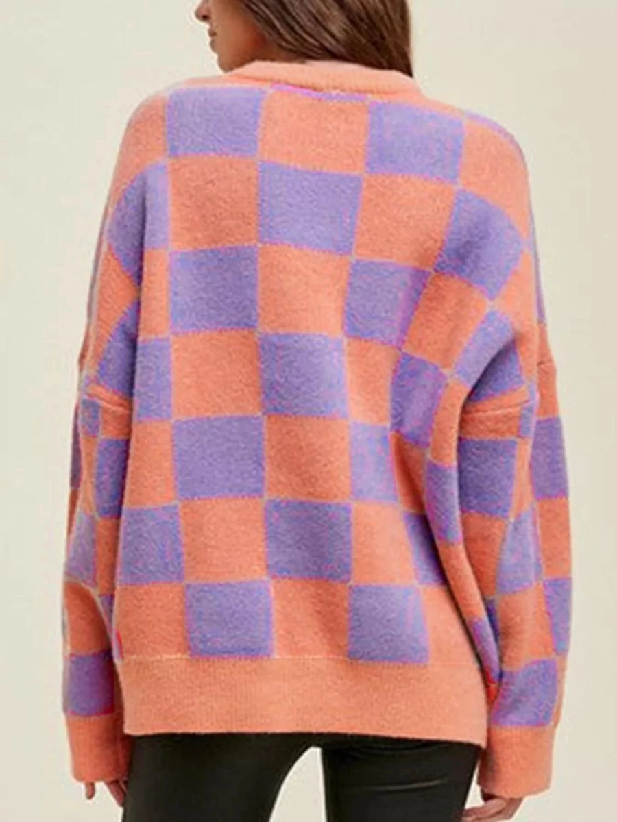 Checkerboard Chic Round Neck Sweater - Brick + Boho