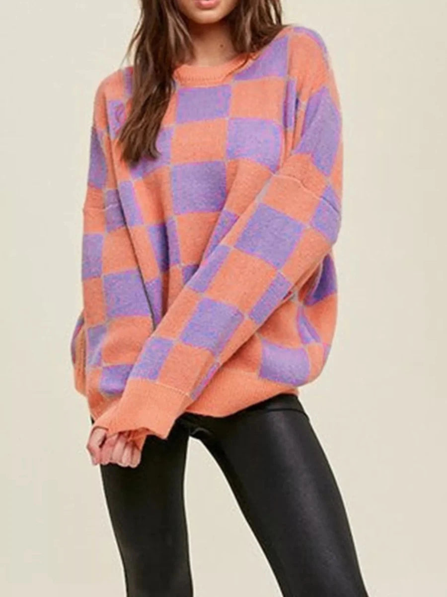 Checkerboard Chic Round Neck Sweater - Brick + Boho