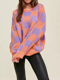 Checkerboard Chic Round Neck Sweater - Brick + Boho
