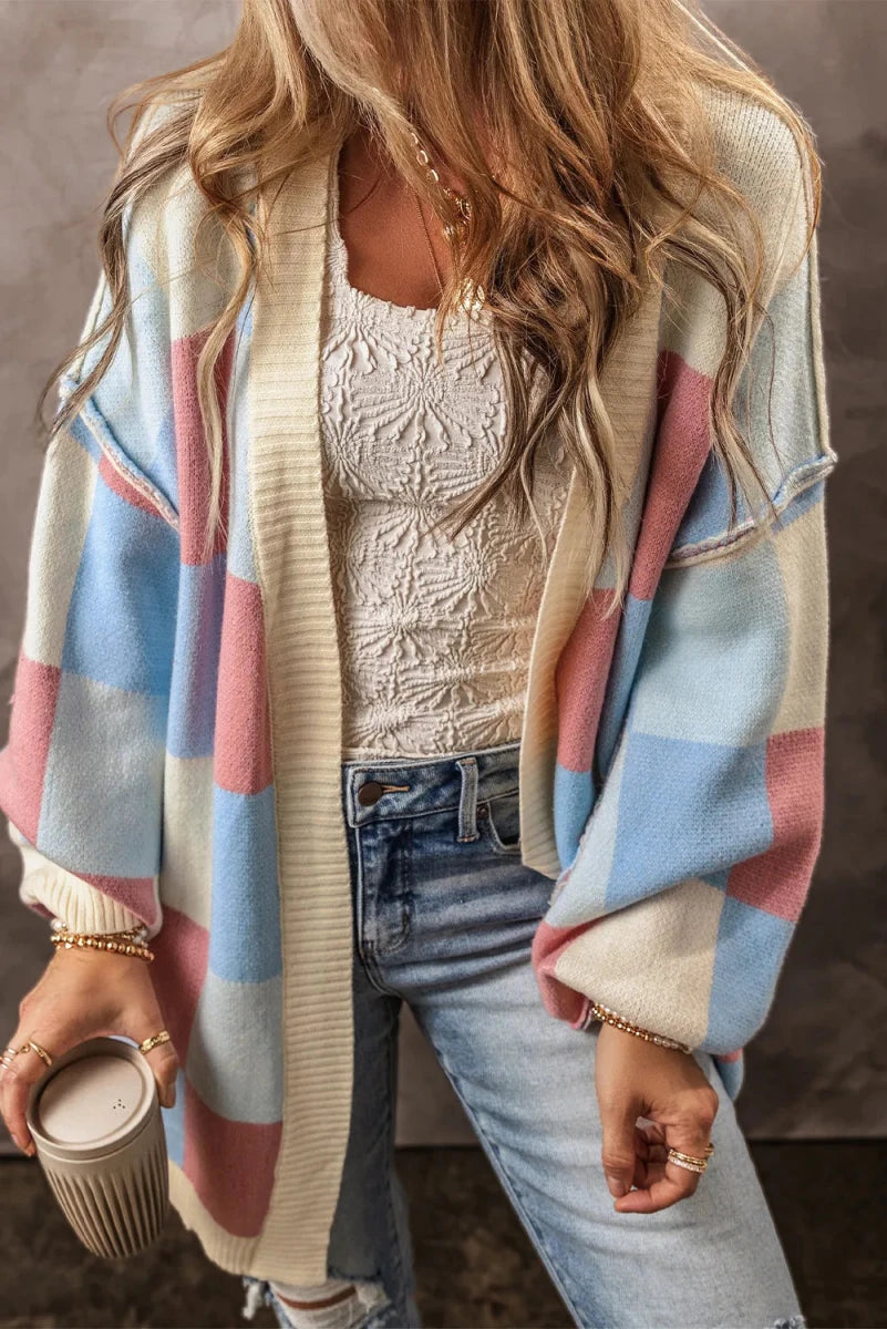 Color Block Open Front Long Sleeve Cardigan - Brick + Boho