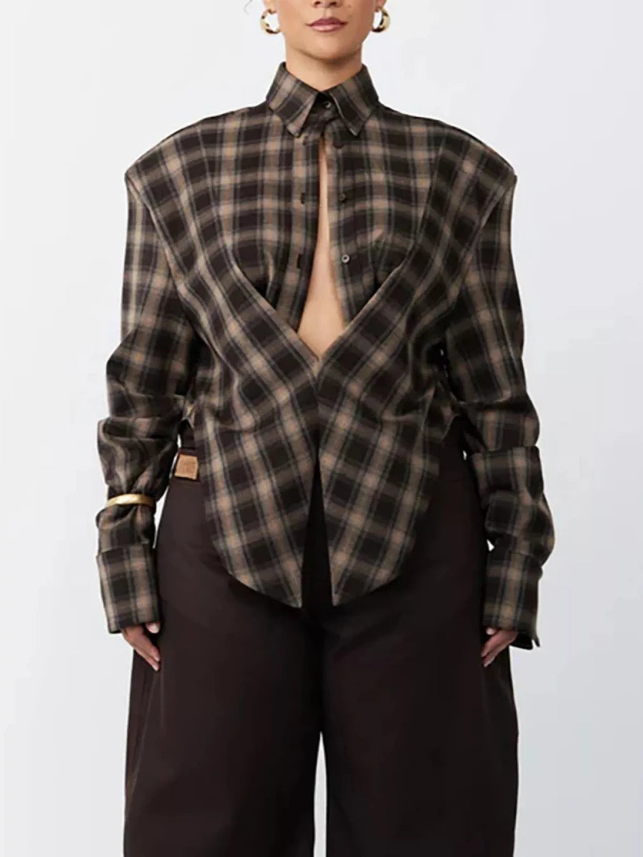 Electric Feel Ruched Plaid Shirt - Brick + Boho