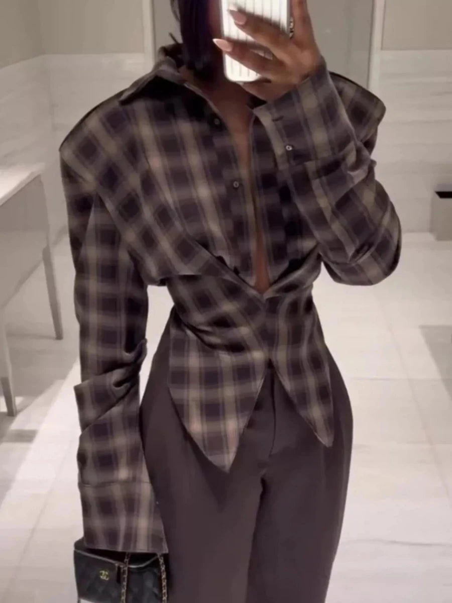 Electric Feel Ruched Plaid Shirt - Brick + Boho