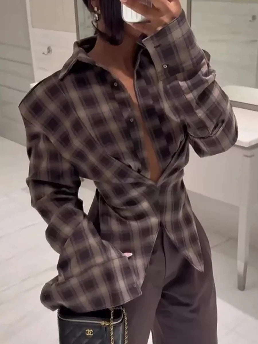 Electric Feel Ruched Plaid Shirt - Brick + Boho