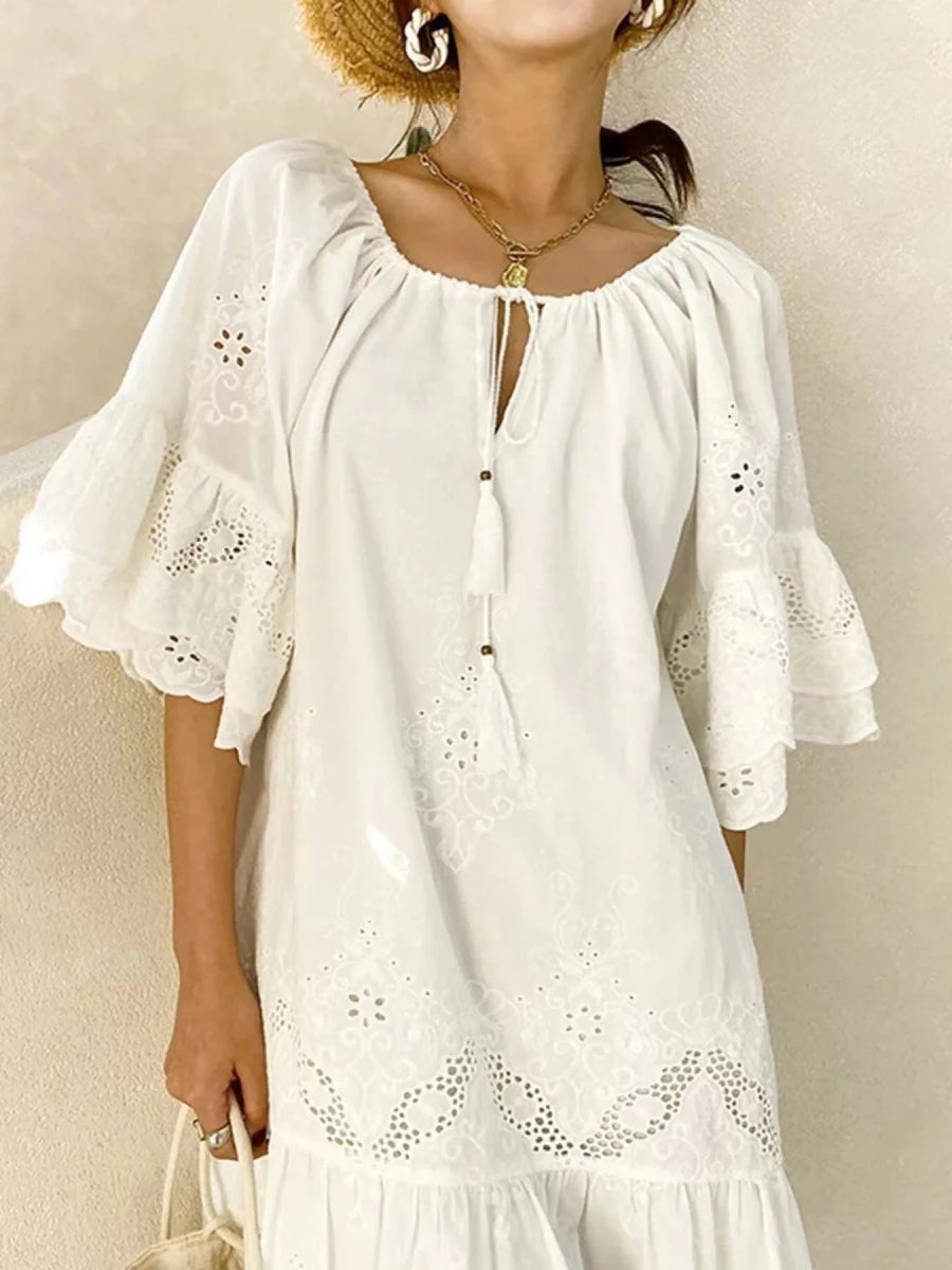 Eyelet Tassel Tie Dress - Brick + Boho