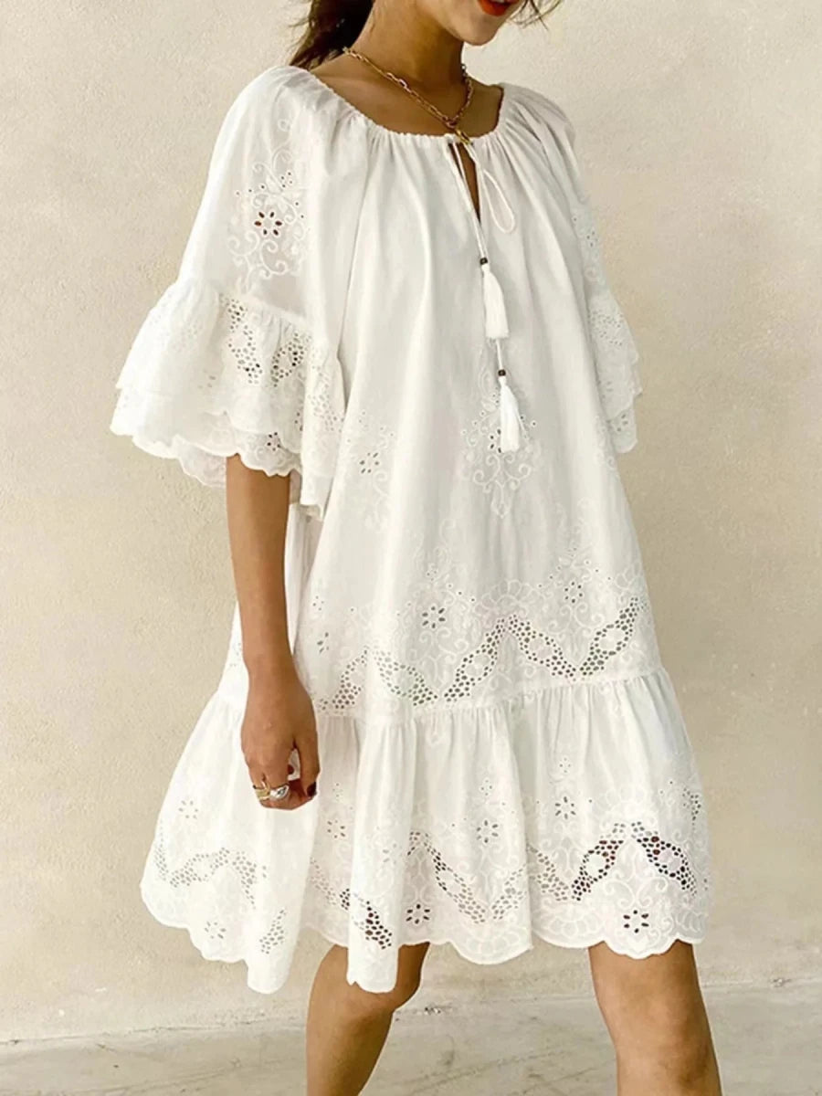 Eyelet Tassel Tie Dress - Brick + Boho