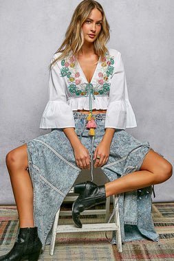 Floral Embroidered Cropped Blouse - Brick + Boho