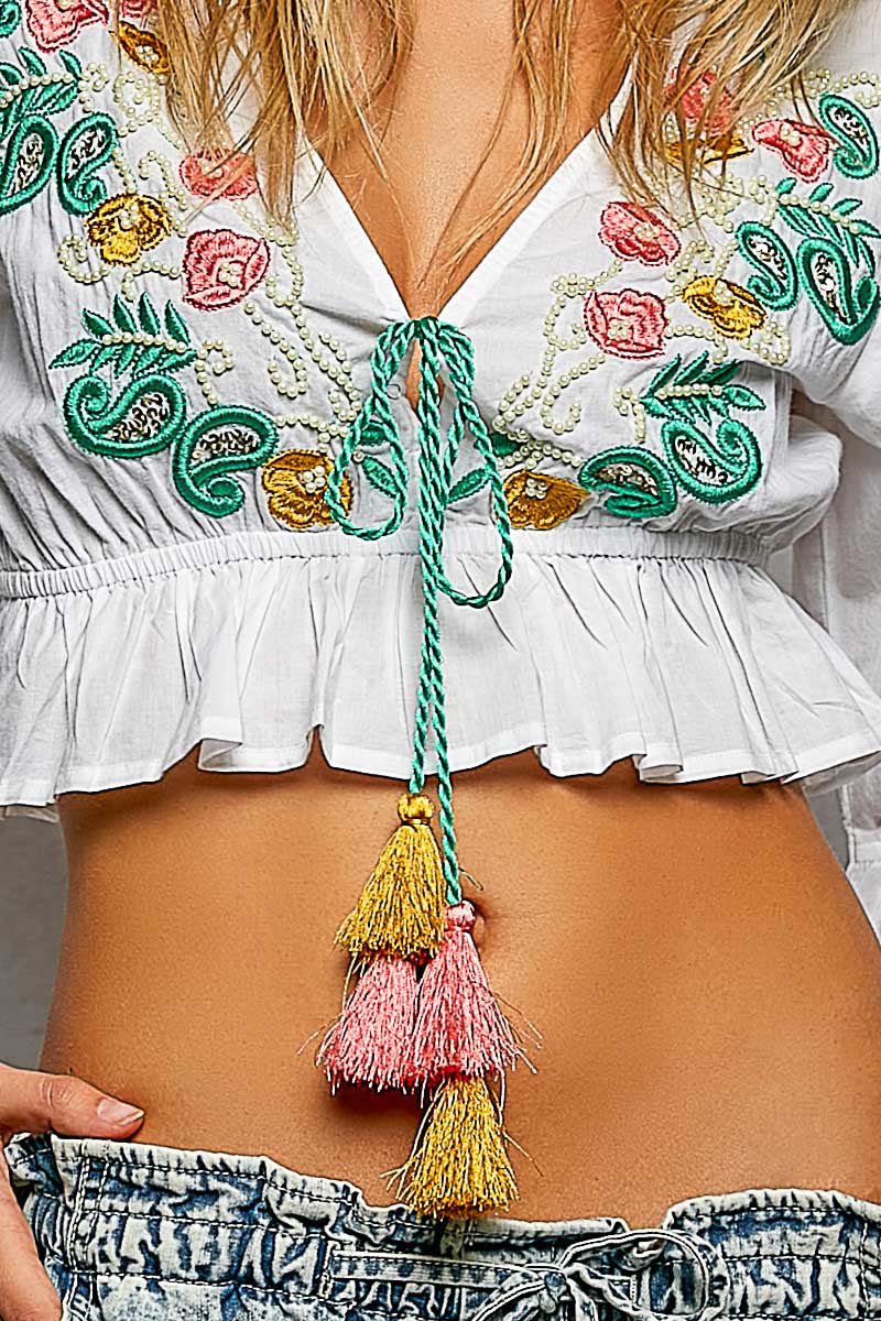 Floral Embroidered Cropped Blouse - Brick + Boho