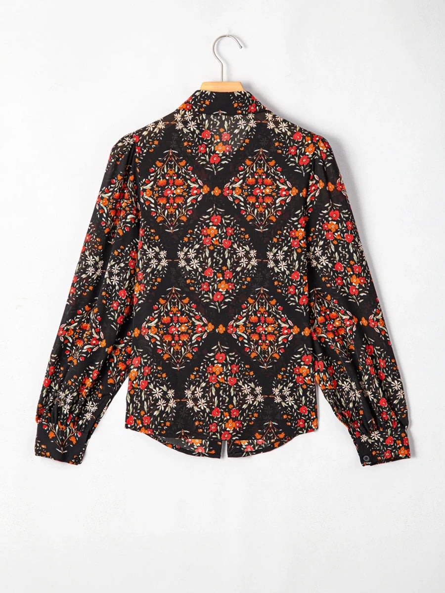 Floral Print Lantern Sleeve Loose Shirt - Brick + Boho