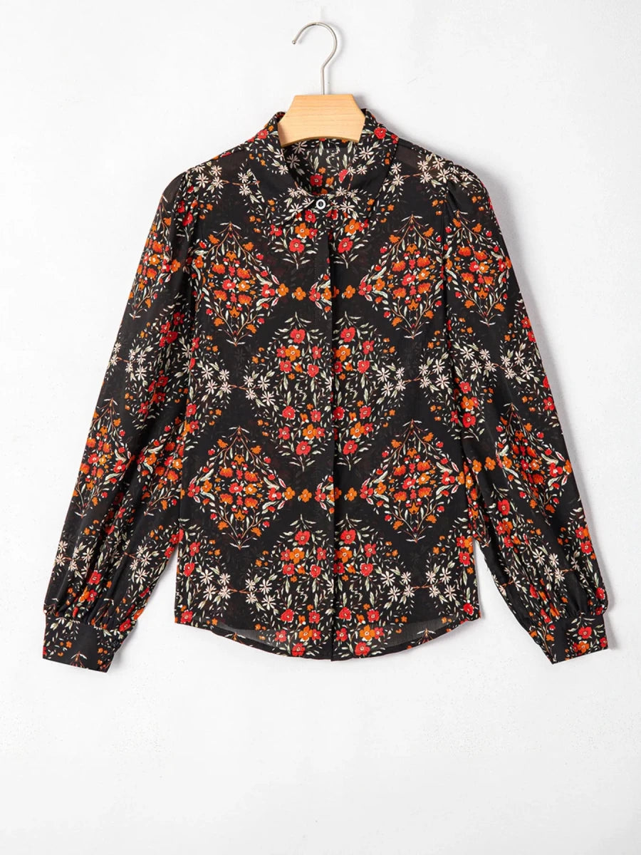 Floral Print Lantern Sleeve Loose Shirt - Brick + Boho
