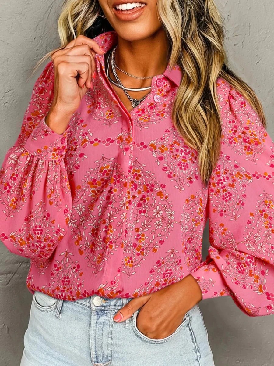 Floral Print Lantern Sleeve Loose Shirt - Brick + Boho