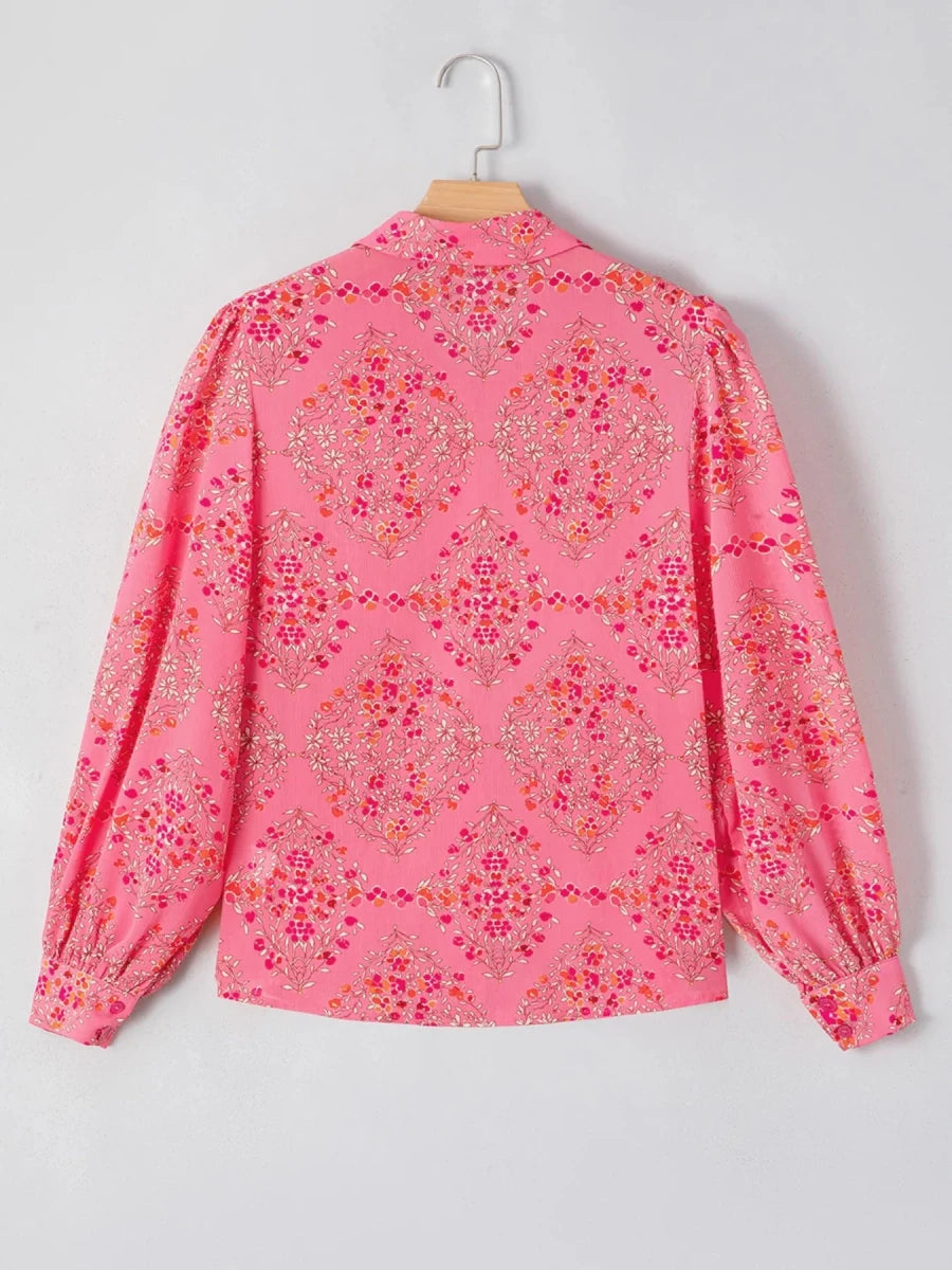 Floral Print Lantern Sleeve Loose Shirt - Brick + Boho