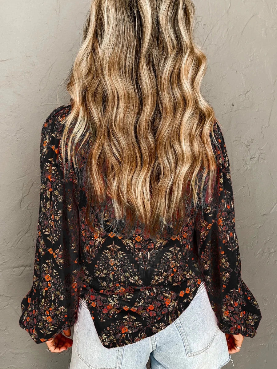 Floral Print Lantern Sleeve Loose Shirt - Brick + Boho