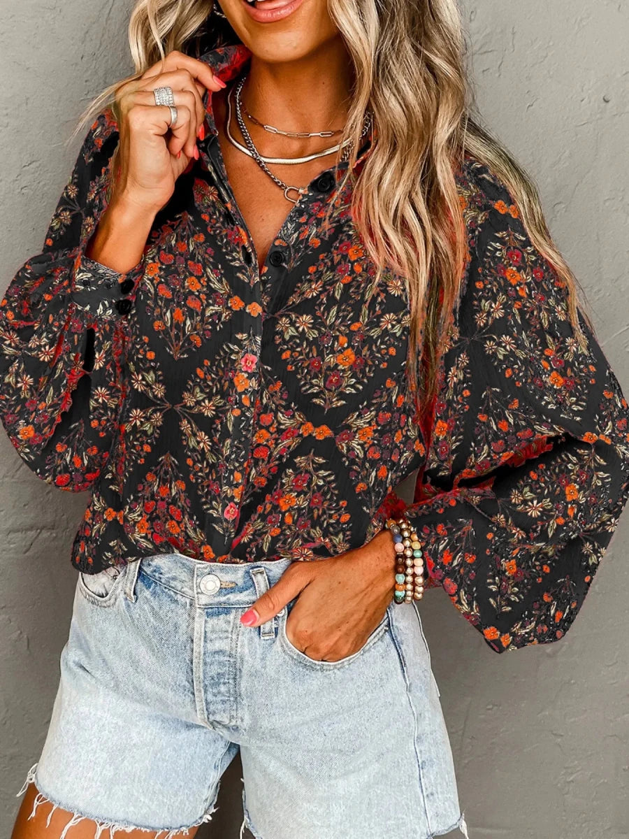 Floral Print Lantern Sleeve Loose Shirt - Brick + Boho