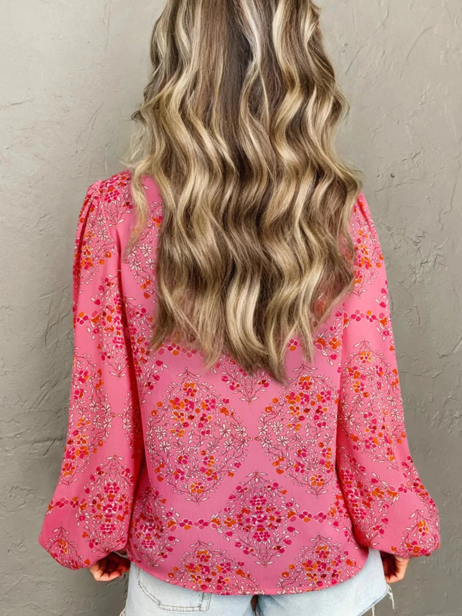 Floral Print Lantern Sleeve Loose Shirt - Brick + Boho