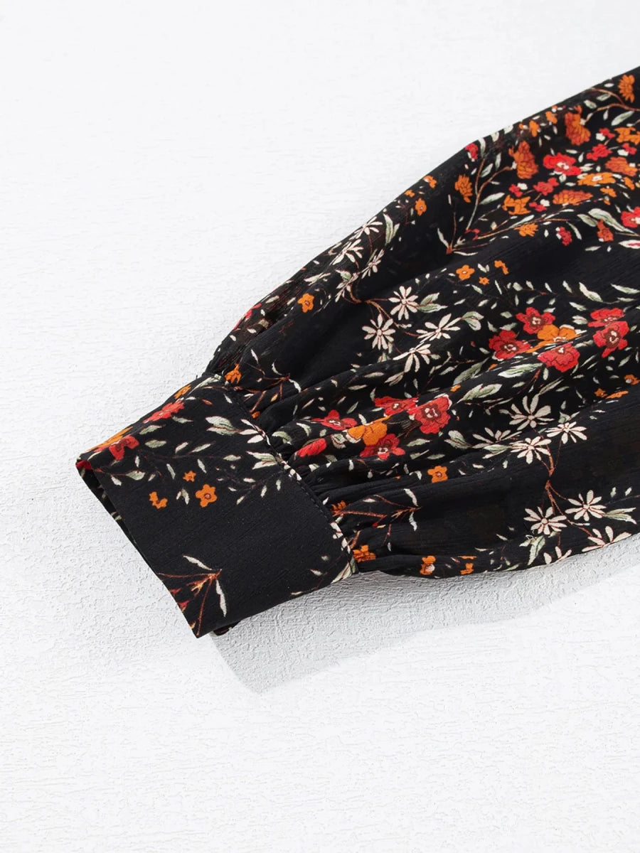 Floral Print Lantern Sleeve Loose Shirt - Brick + Boho