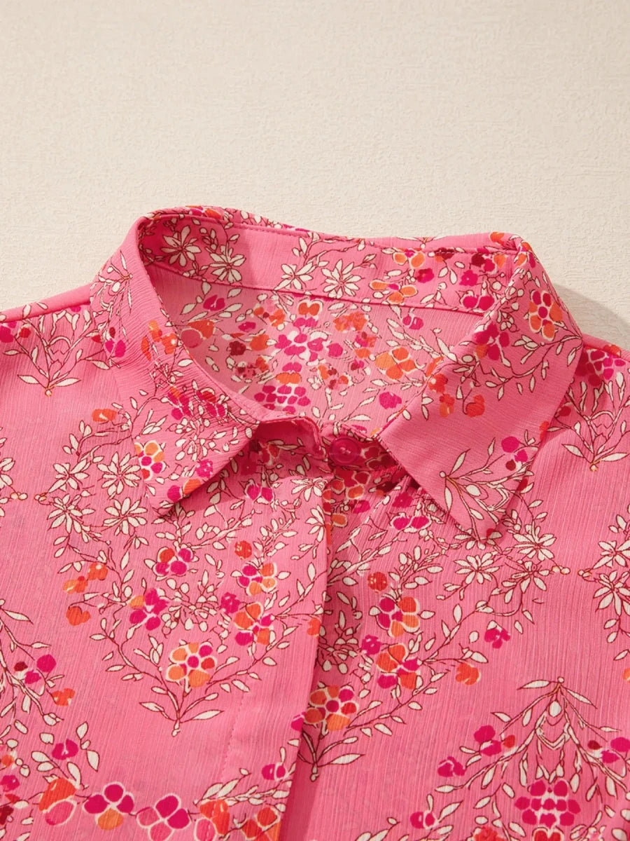 Floral Print Lantern Sleeve Loose Shirt - Brick + Boho
