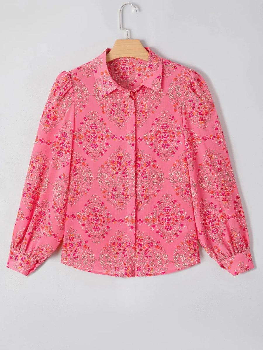 Floral Print Lantern Sleeve Loose Shirt - Brick + Boho