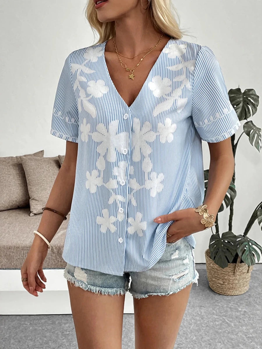 Floral Striped V - Neck Short Sleeve Shirt - Brick + Boho