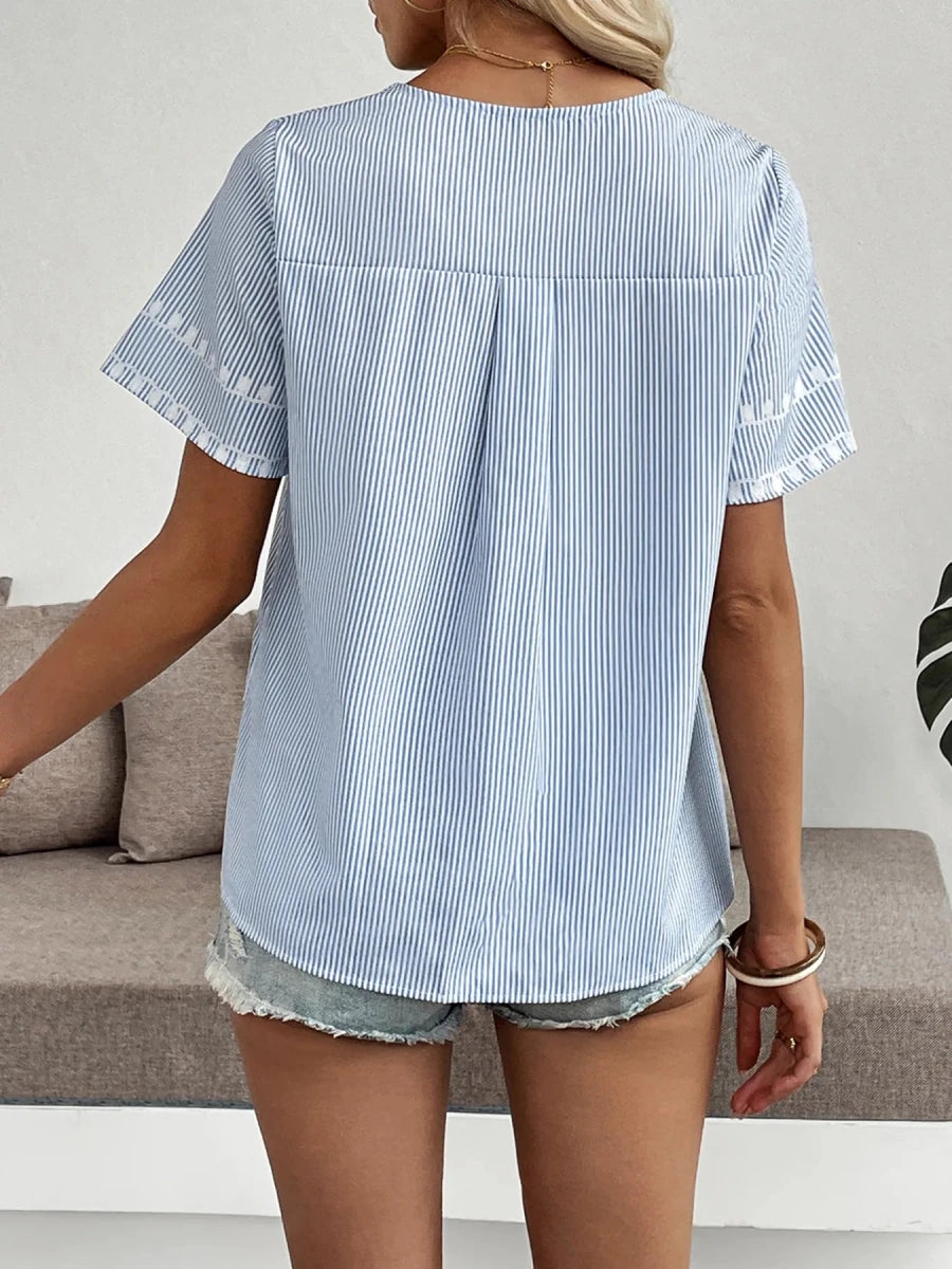 Floral Striped V - Neck Short Sleeve Shirt - Brick + Boho