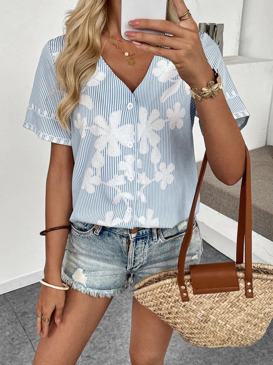 Floral Striped V - Neck Short Sleeve Shirt - Brick + Boho