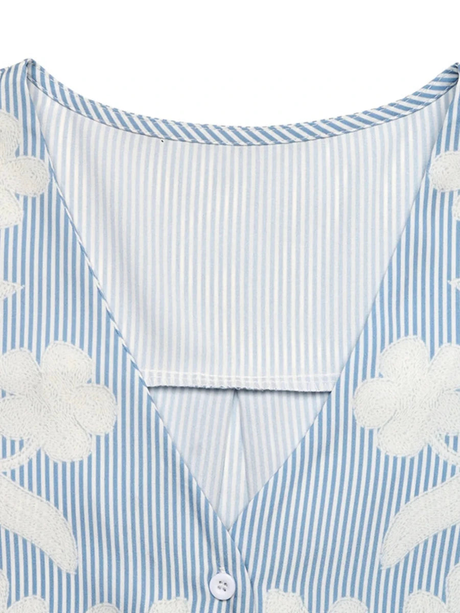 Floral Striped V - Neck Short Sleeve Shirt - Brick + Boho