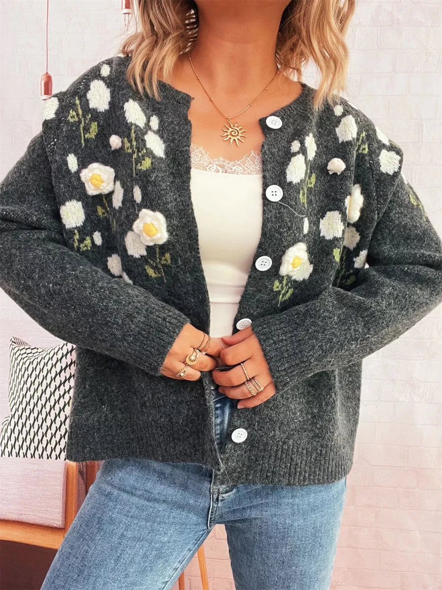 Flower Button Up Long Sleeve Cardigan - Brick + Boho