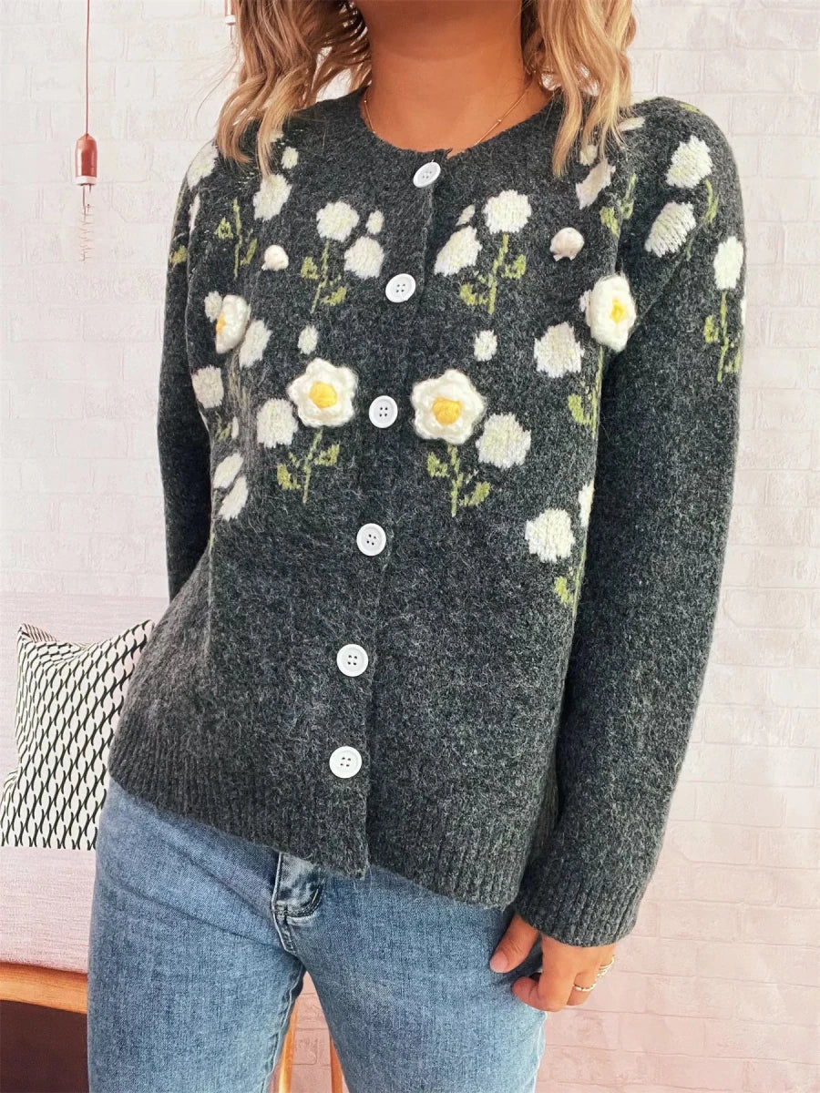 Flower Button Up Long Sleeve Cardigan - Brick + Boho