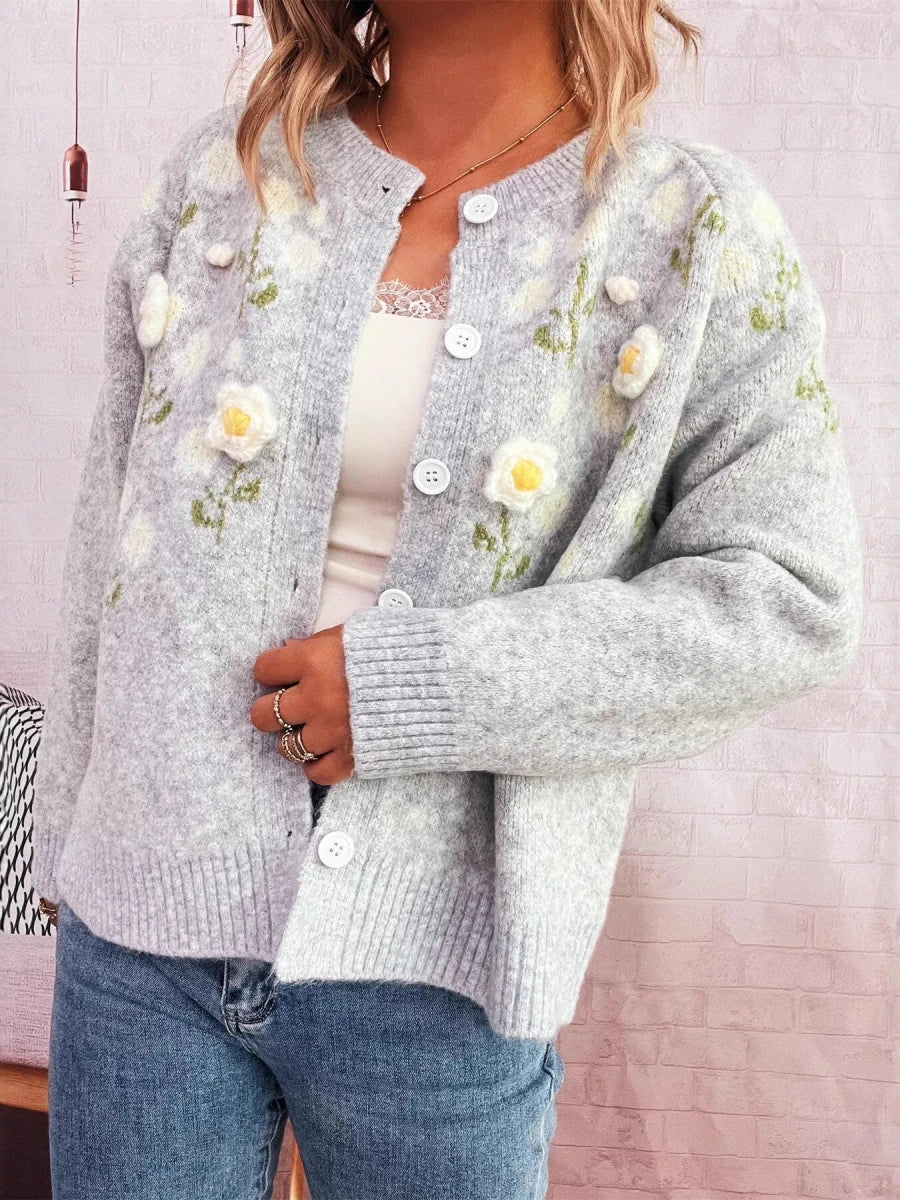 Flower Button Up Long Sleeve Cardigan - Brick + Boho
